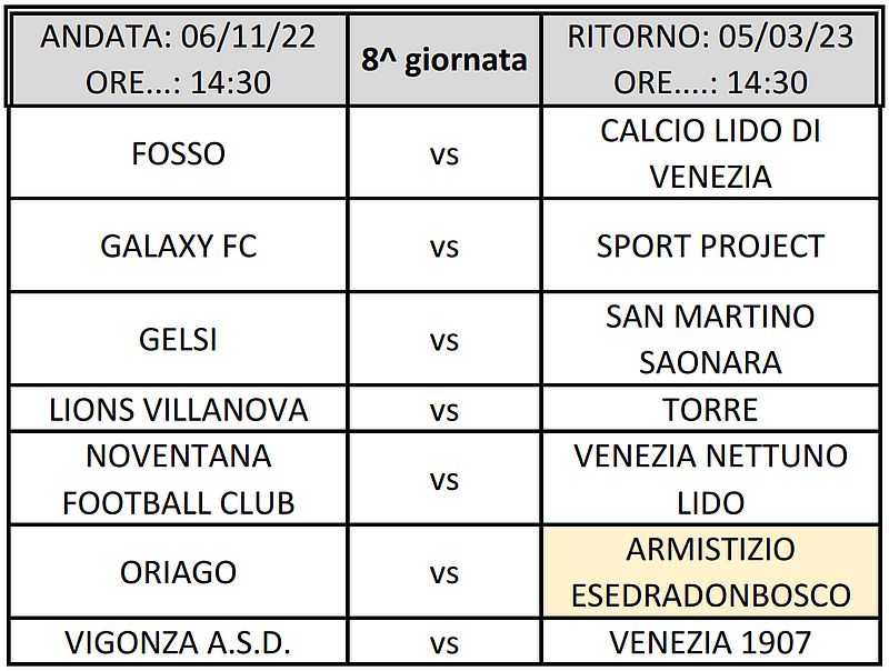 8^ giornata Armistizio Esedra Don Bosco 1^ Categoria Regionale Veneto Stagione Sportiva 2022-2023